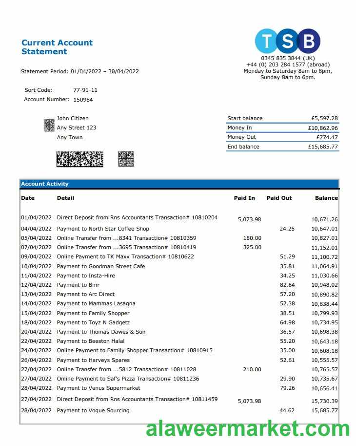 United Kingdom TSB bank statement, Excel